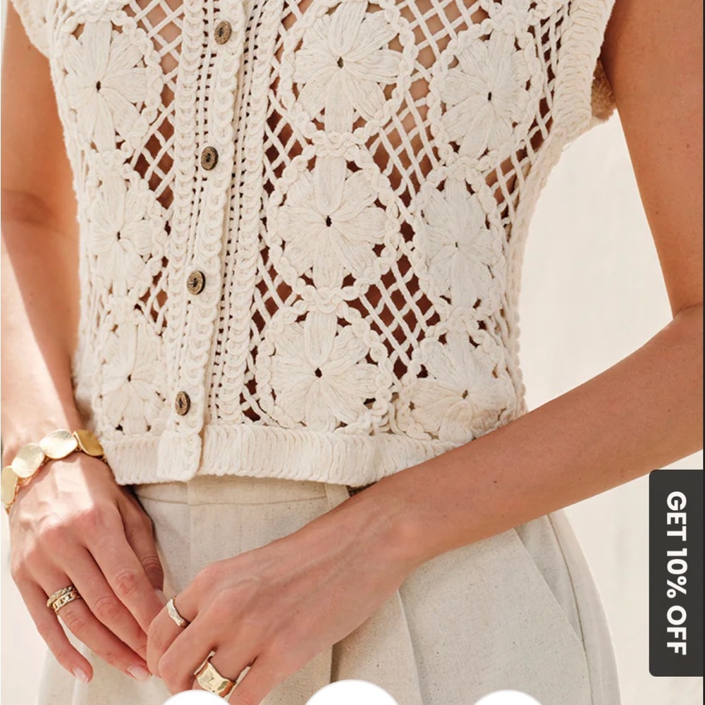 Commense Cream Crochet Button-Front Sleeveless Cardigan - Picture 9 of 11
